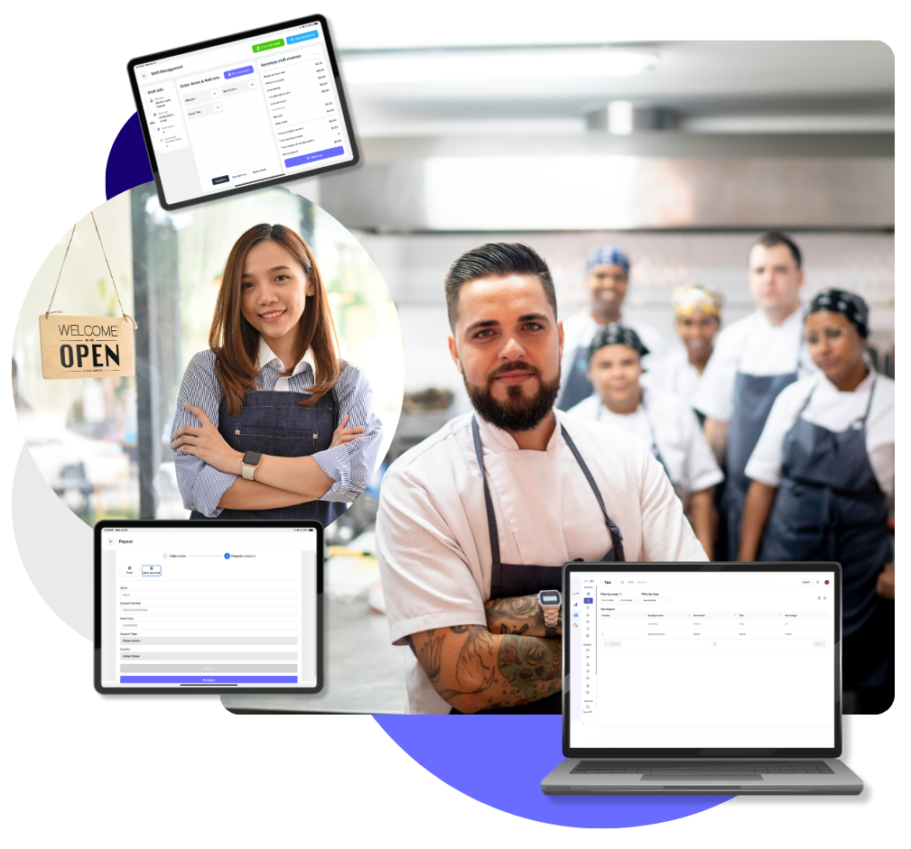 employees and owners of restaurants happy after using the tip manager system in nuvioo's portal. Tip payout system mocked up on two tablets and one laptop screen.