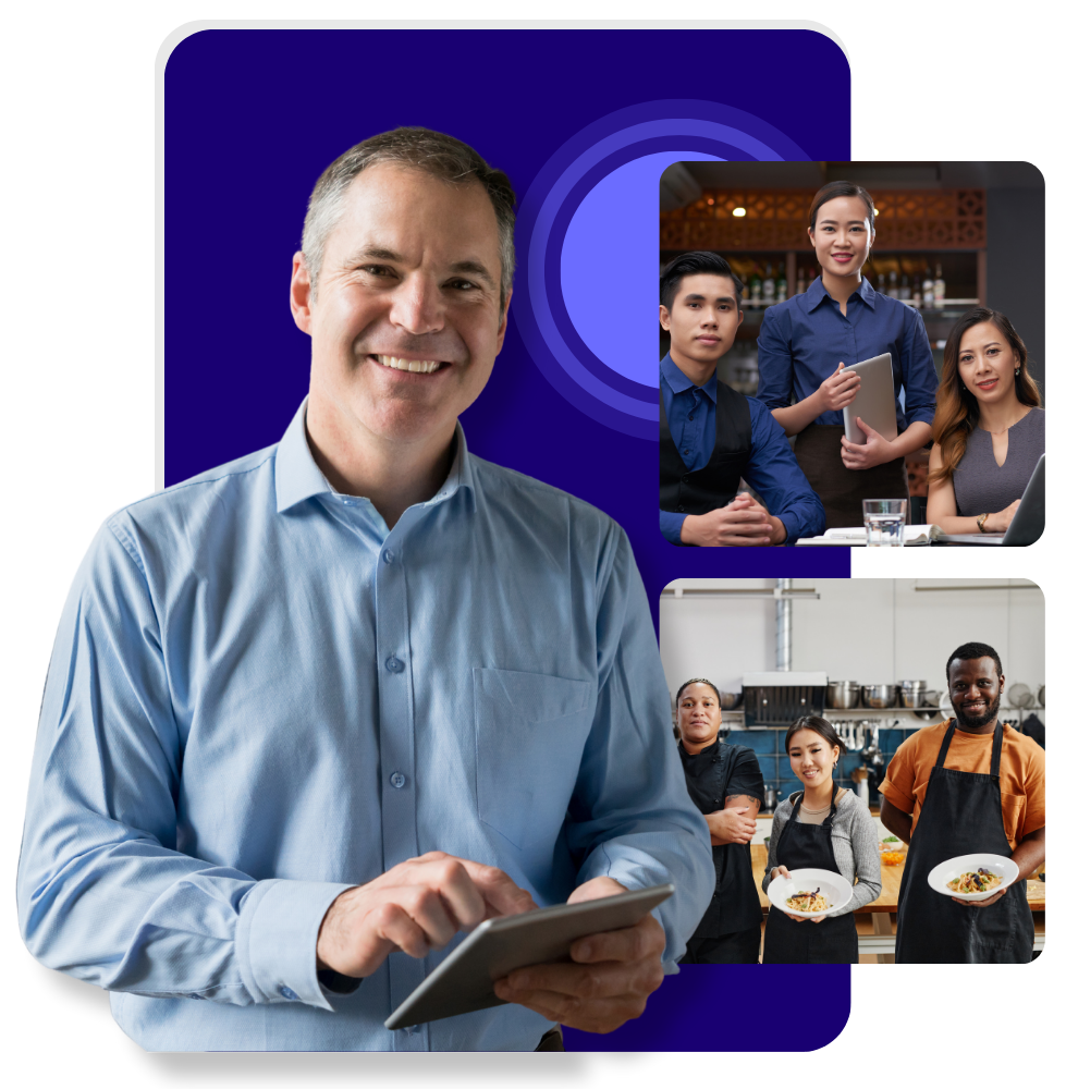 restaurant manager holding tablet, two other happy restaurant teams posing with their manager