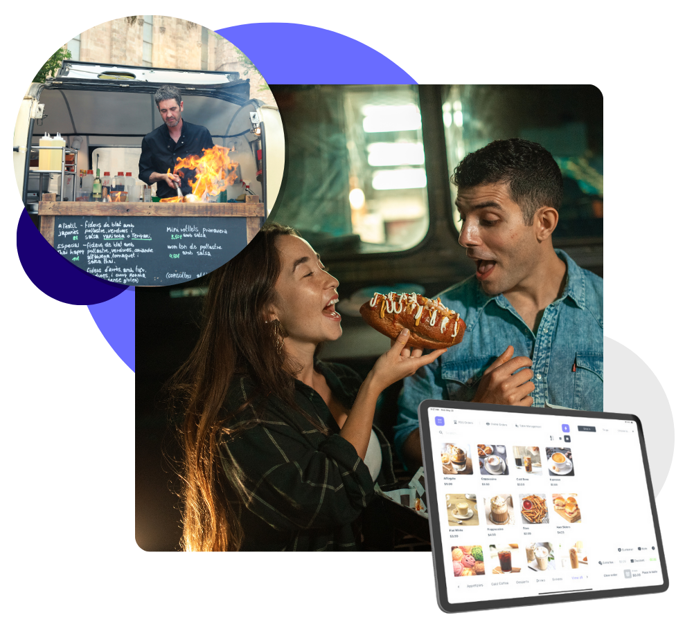 a couple eating food in front of a food truck, a food truck owner cooking with fire, the nuvioo portal mocked up on a tablet