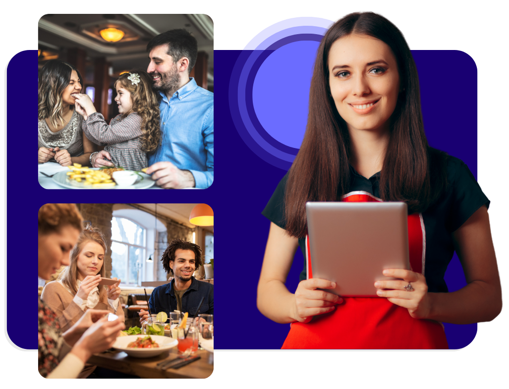 restaurant employee holding a tablet in a red apron and customers eating casual lunch and dinner