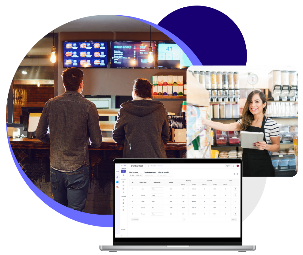 two people looking at the menu in a fast food restaurant while an employee is looking through inventory, and Nuvioo Inventory screen mocked up on laptop