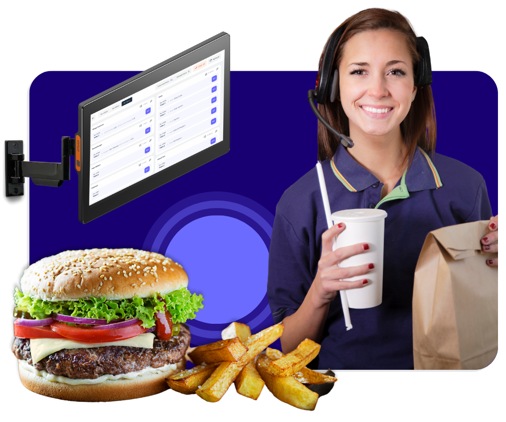 fast food employee holding a to go bag with nuvioo's kds monitor and a burger with fries