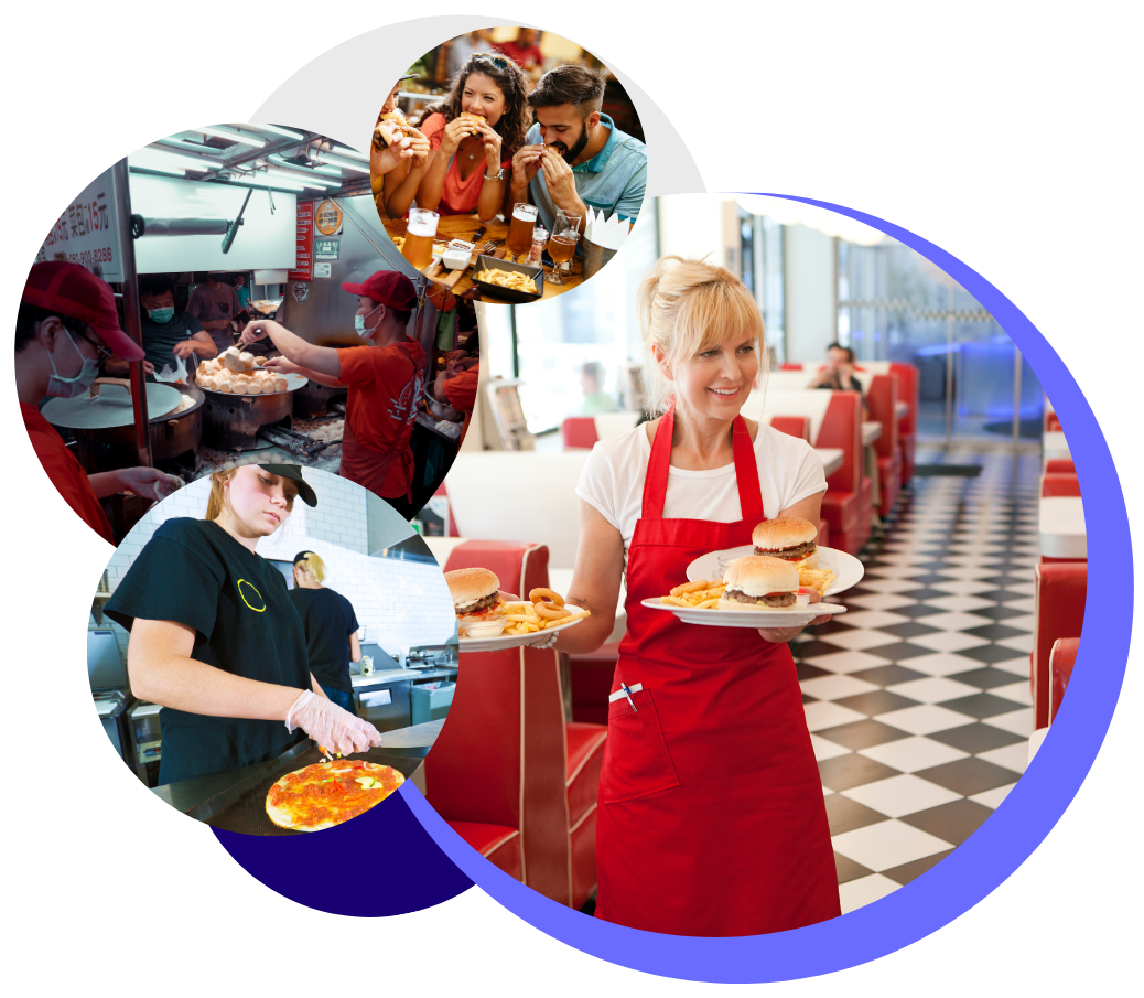 fast food employee making corn and pizza, group of people eating and a waitress handing plates of burgers and fries