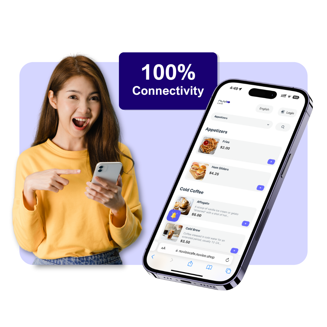 woman happy on a mobile phone and mockup of nuvioo pos menu