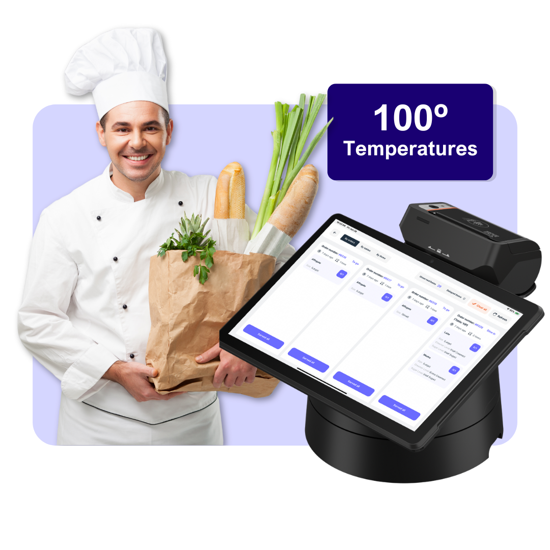 Chef carrying a bag of food with a mockup of Nuvioo register, hardware and a temperature displayed, 100 degrees