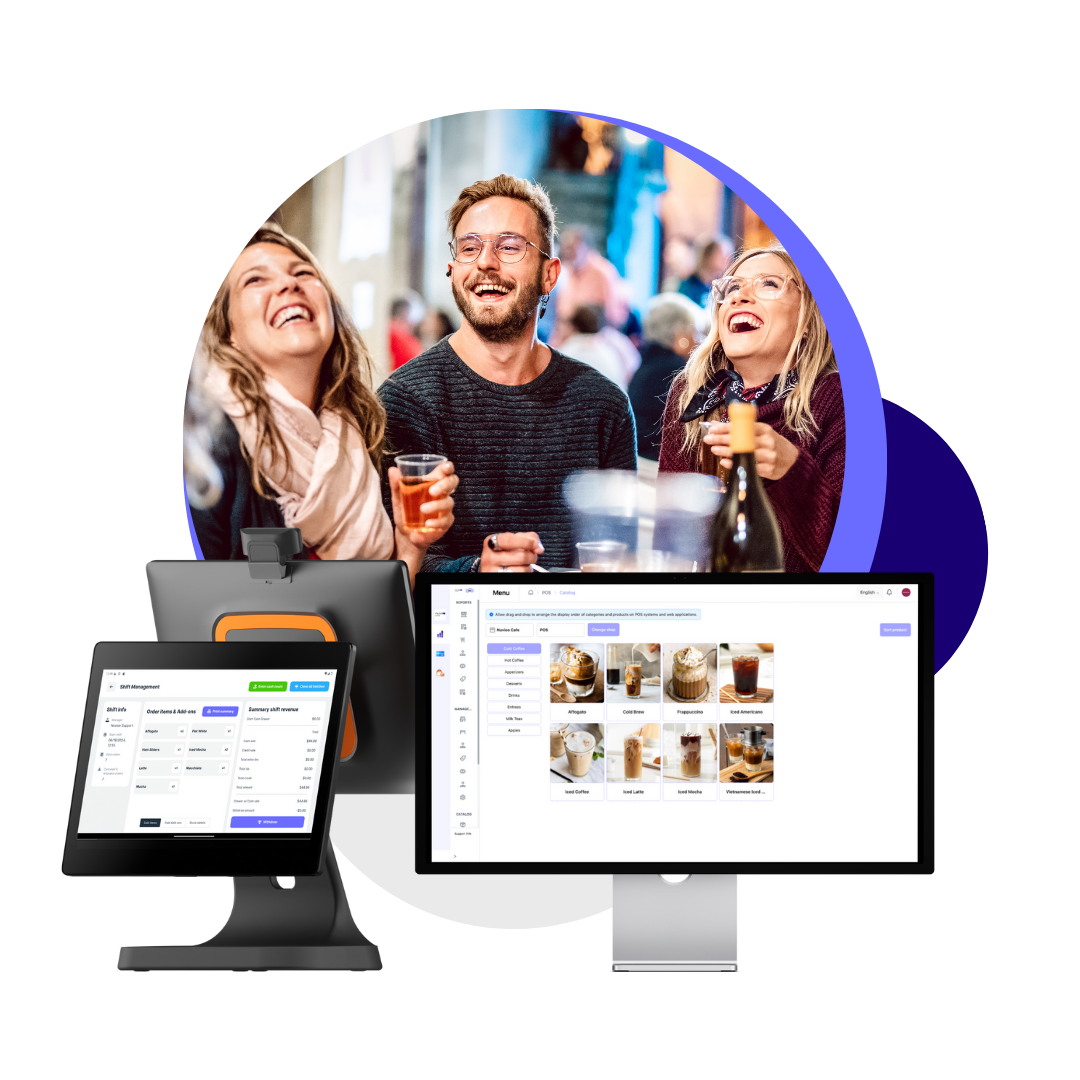 customer having happy hour at a restaurant and two nuvioo devices that shoe the nuvioo portal's shit management and menu editing