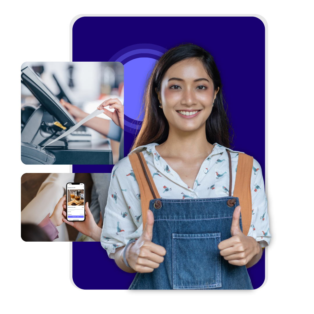 a waitress with two thumbs up in a jumper, employee pulling a receipt from the pos system, and someone at home ordering a coffee online