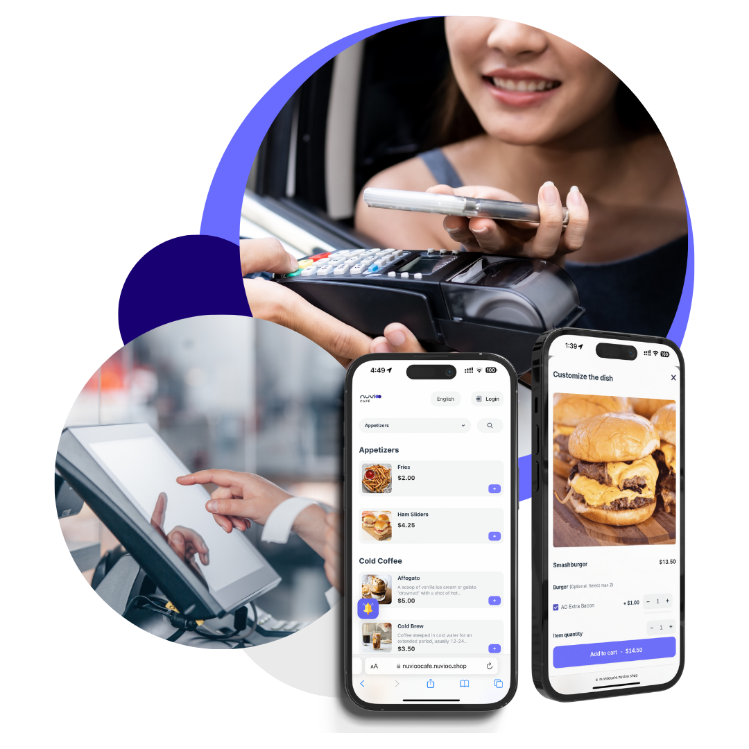 woman using contactless pay through her car window, an employee using a pos system, and two device mockups with an online ordering menu and a smashburger in the mist of being ordered