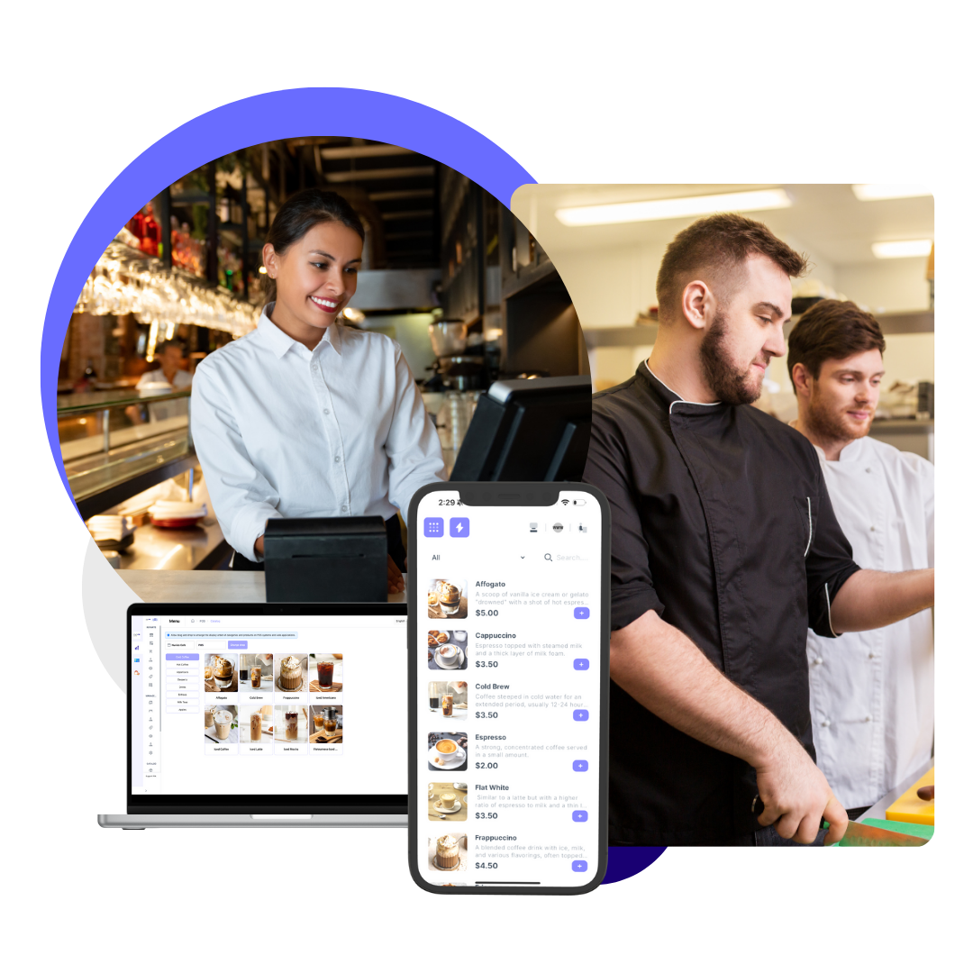 nuvioo's portal system with a customizable menu on a computer with the chef and owner in the kitchen, a manager using a pos system, and mobile device with a menu available to order from