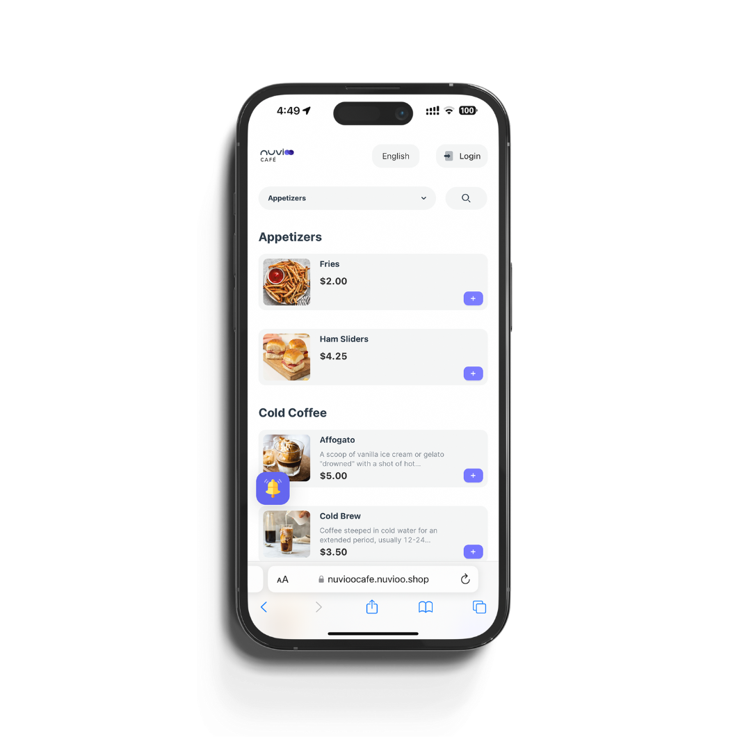 Nuvioo pos portal showing nuvioo cafe shop menu page ready to order Table ordering or Online ordering